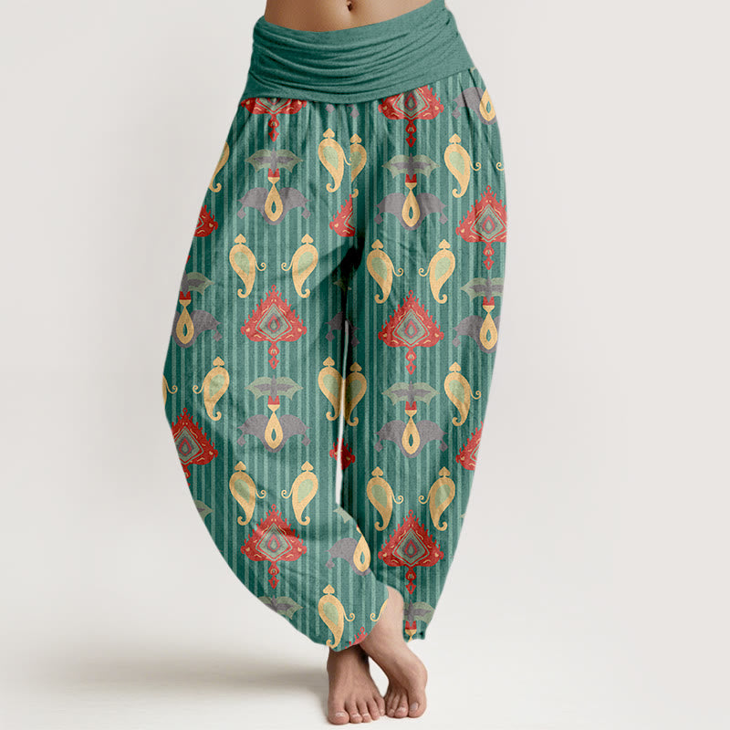 Nimara Ritual Pure Cotton Triangle Flame Geometric Shapes Feather Women's Elastic Waist Harem Pants