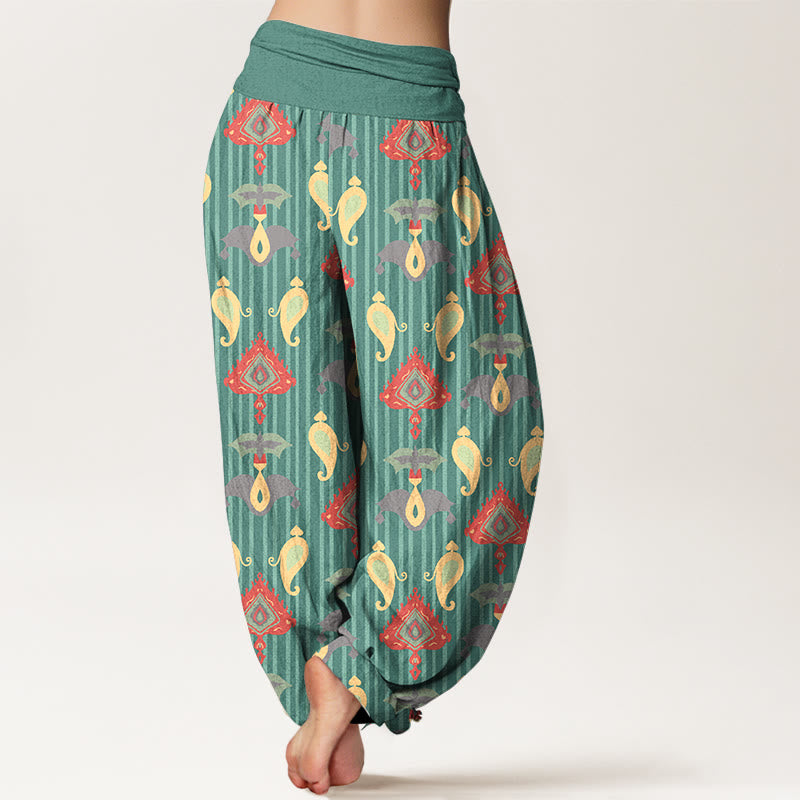 Nimara Ritual Pure Cotton Triangle Flame Geometric Shapes Feather Women's Elastic Waist Harem Pants