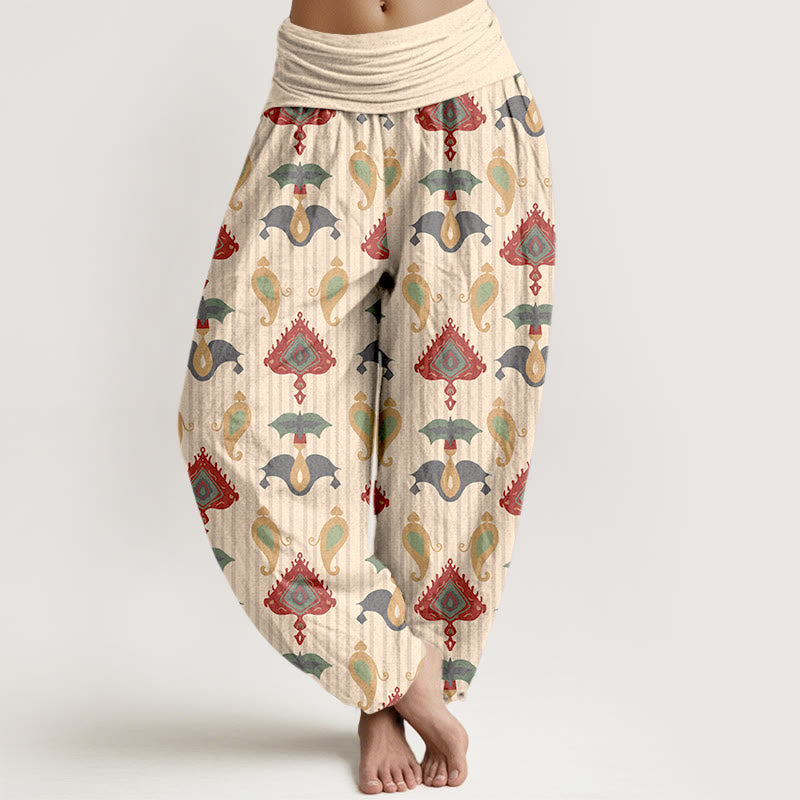 Nimara Ritual Pure Cotton Triangle Flame Geometric Shapes Feather Women's Elastic Waist Harem Pants