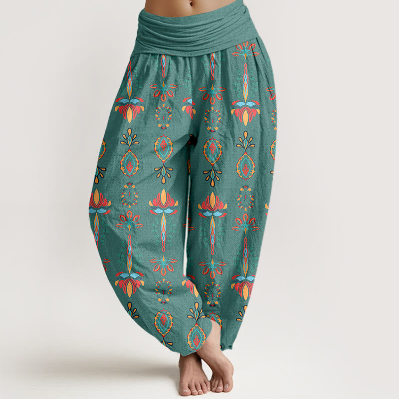 Nimara Ritual Pure Cotton Colorful Lotus Flowers Green Leaves Geometric Women's Elastic Waist Harem Pants