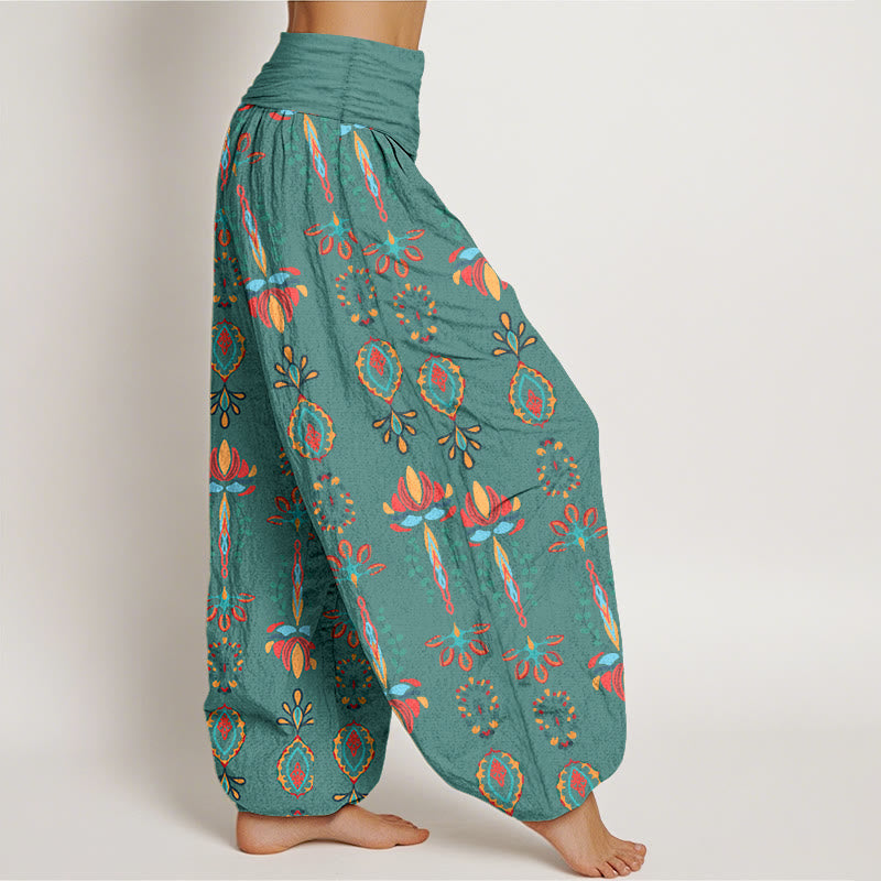 Nimara Ritual Pure Cotton Colorful Lotus Flowers Green Leaves Geometric Women's Elastic Waist Harem Pants