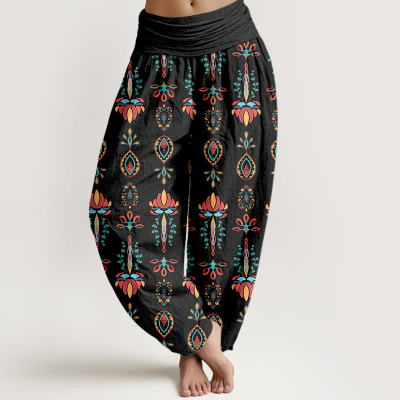 Nimara Ritual Pure Cotton Colorful Lotus Flowers Green Leaves Geometric Women's Elastic Waist Harem Pants