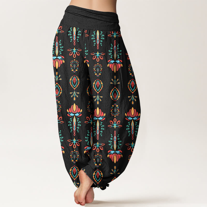 Nimara Ritual Pure Cotton Colorful Lotus Flowers Green Leaves Geometric Women's Elastic Waist Harem Pants