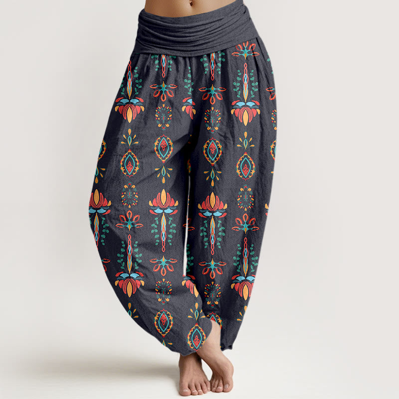 Nimara Ritual Pure Cotton Colorful Lotus Flowers Green Leaves Geometric Women's Elastic Waist Harem Pants