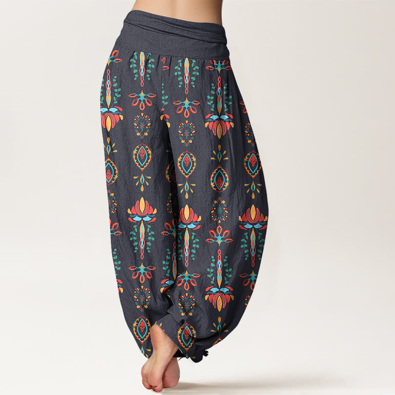 Nimara Ritual Pure Cotton Colorful Lotus Flowers Green Leaves Geometric Women's Elastic Waist Harem Pants