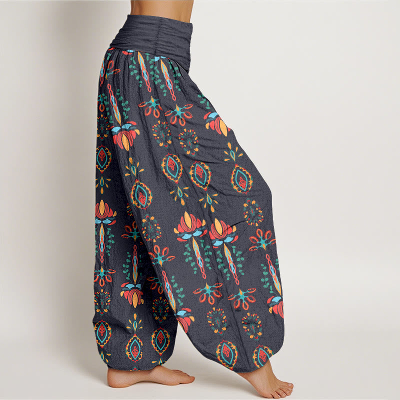 Nimara Ritual Pure Cotton Colorful Lotus Flowers Green Leaves Geometric Women's Elastic Waist Harem Pants