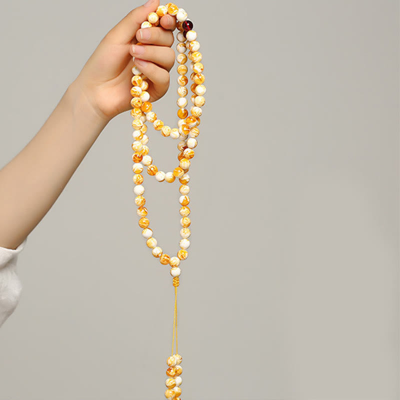 Nimara Ritual Tibetan White Yellow 108 Beads Amber Mala