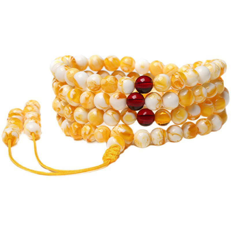 Nimara Ritual Tibetan White Yellow 108 Beads Amber Mala