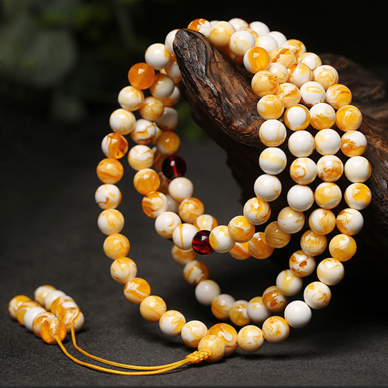 Nimara Ritual Tibetan White Yellow 108 Beads Amber Mala