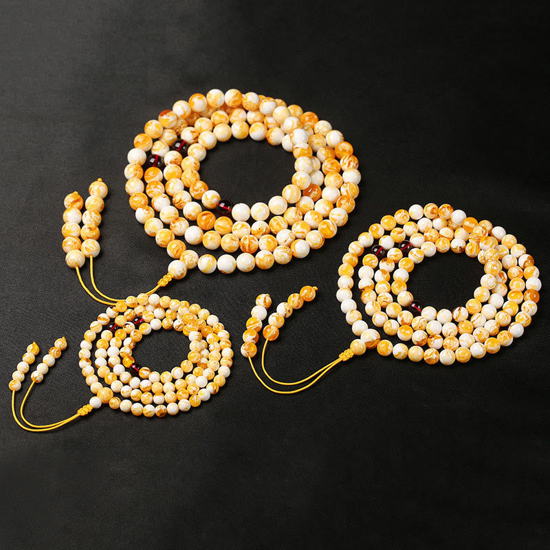 Nimara Ritual Tibetan White Yellow 108 Beads Amber Mala
