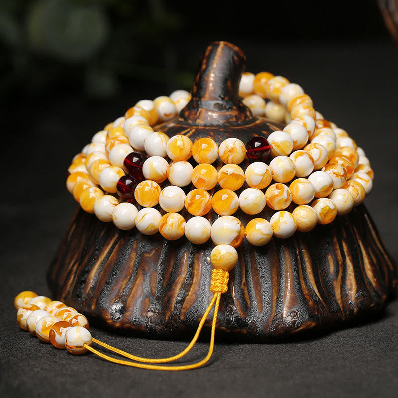 Nimara Ritual Tibetan White Yellow 108 Beads Amber Mala