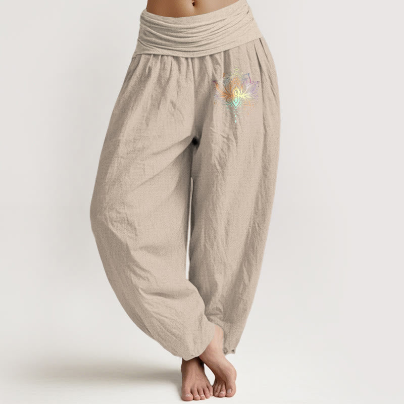 Nimara Ritual Pure Cotton Rainbow-colored Lotus Pattern Women's Elastic Waist Harem Pants