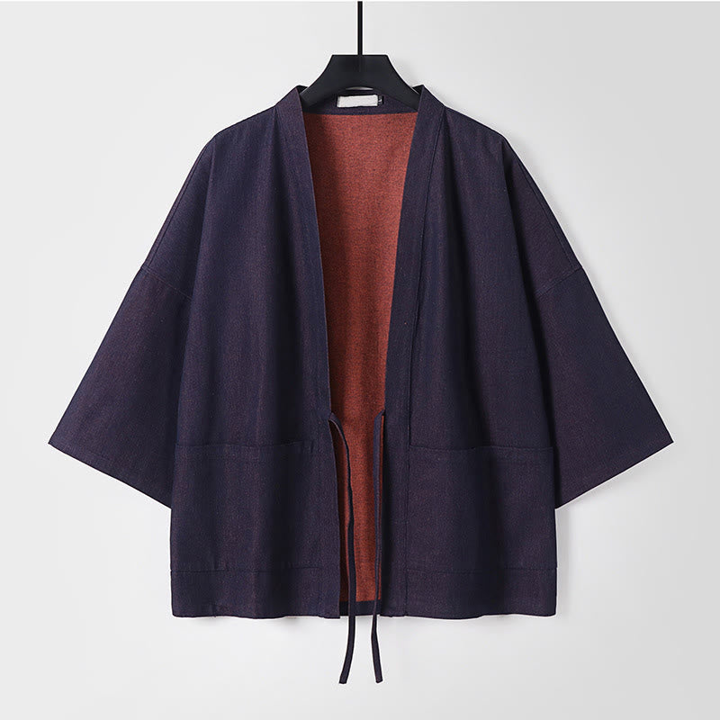 Nimara Ritual Solid Lace-up Open Front Three Quarter Sleeve Jacket Men's Denim Cotton Kimono