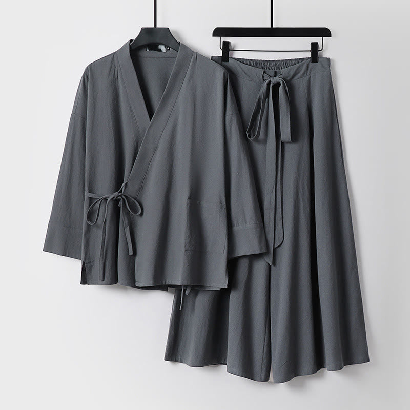 Nimara Ritual 2Pcs Fall Lace-up Cotton Kimono Ankle-Length Wide Leg Pants With Pockets Men's Meditation Cloth Set