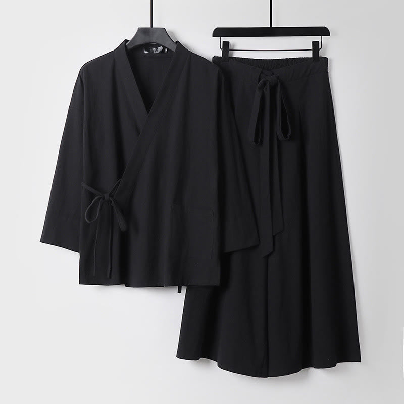 Nimara Ritual 2Pcs Fall Lace-up Cotton Kimono Ankle-Length Wide Leg Pants With Pockets Men's Meditation Cloth Set