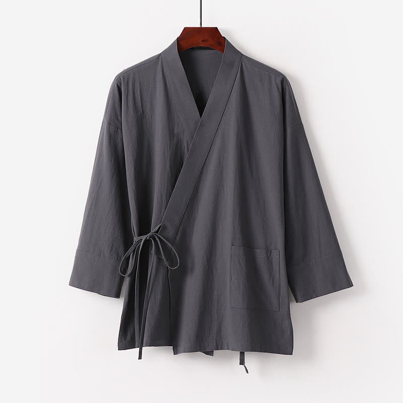 Nimara Ritual 2Pcs Fall Lace-up Cotton Kimono Ankle-Length Wide Leg Pants With Pockets Men's Meditation Cloth Set