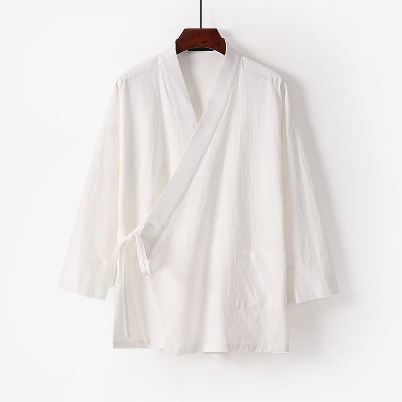 Nimara Ritual 2Pcs Fall Lace-up Cotton Kimono Ankle-Length Wide Leg Pants With Pockets Men's Meditation Cloth Set