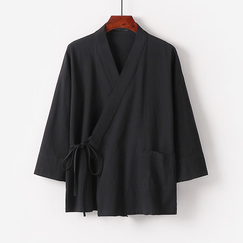 Nimara Ritual 2Pcs Fall Lace-up Cotton Kimono Ankle-Length Wide Leg Pants With Pockets Men's Meditation Cloth Set