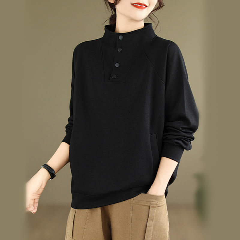 Nimara Ritual Fall Solid Stand Collar Buttons Design Long Sleeve Women's Cotton Sweatshirt