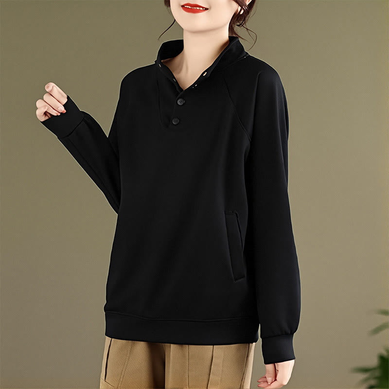 Nimara Ritual Fall Solid Stand Collar Buttons Design Long Sleeve Women's Cotton Sweatshirt