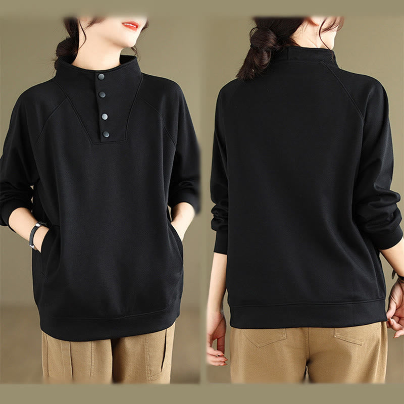 Nimara Ritual Fall Solid Stand Collar Buttons Design Long Sleeve Women's Cotton Sweatshirt