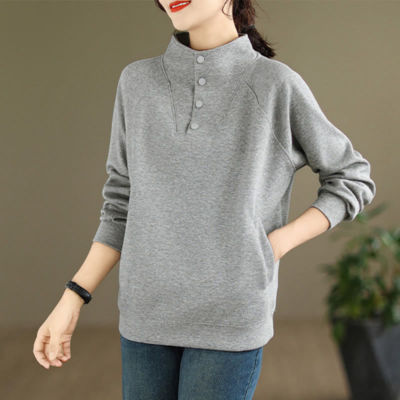 Nimara Ritual Fall Solid Stand Collar Buttons Design Long Sleeve Women's Cotton Sweatshirt