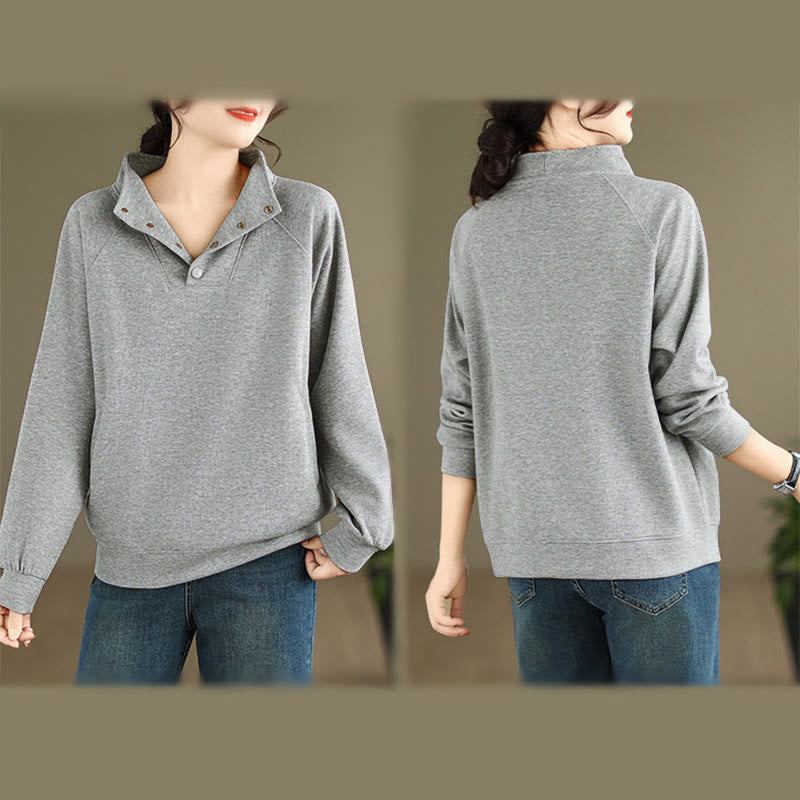 Nimara Ritual Fall Solid Stand Collar Buttons Design Long Sleeve Women's Cotton Sweatshirt