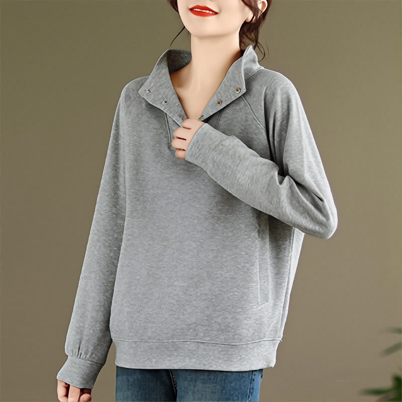Nimara Ritual Fall Solid Stand Collar Buttons Design Long Sleeve Women's Cotton Sweatshirt