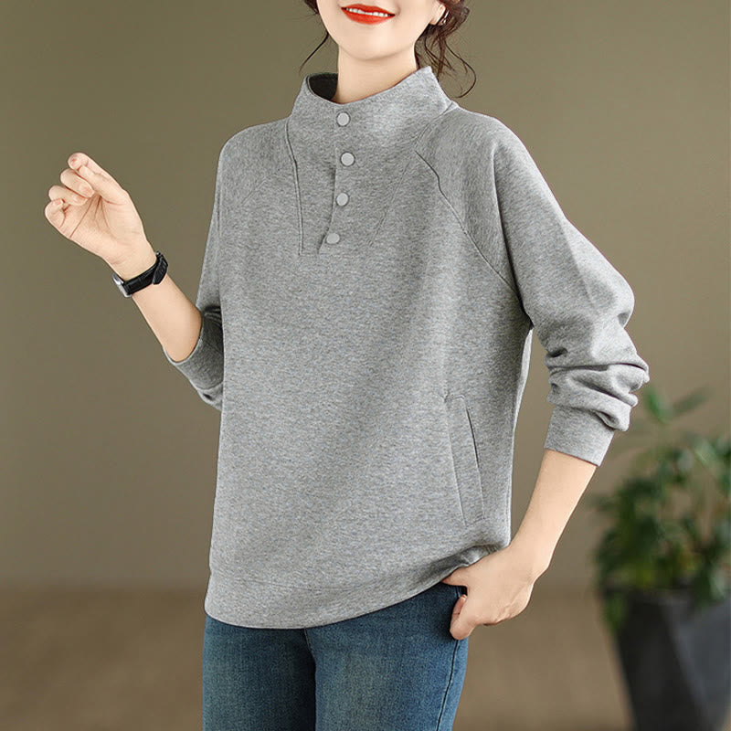 Nimara Ritual Fall Solid Stand Collar Buttons Design Long Sleeve Women's Cotton Sweatshirt