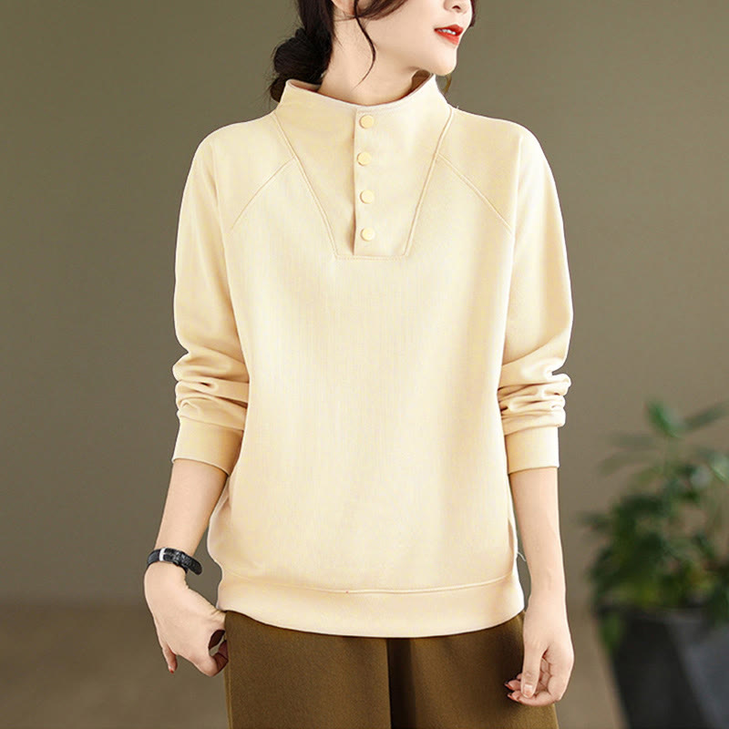 Nimara Ritual Fall Solid Stand Collar Buttons Design Long Sleeve Women's Cotton Sweatshirt