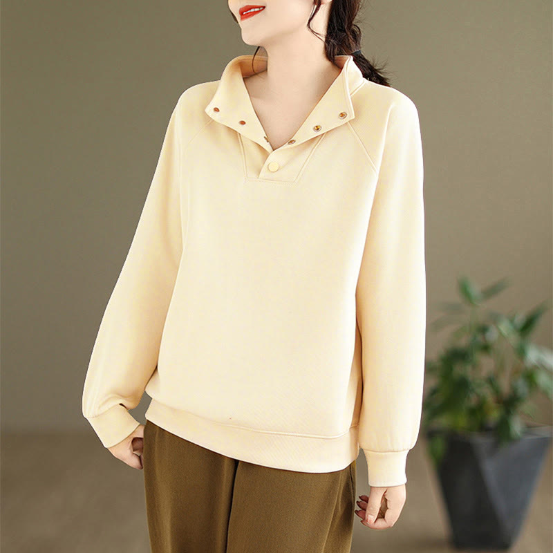 Nimara Ritual Fall Solid Stand Collar Buttons Design Long Sleeve Women's Cotton Sweatshirt