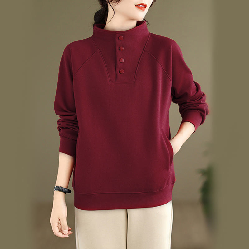 Nimara Ritual Fall Solid Stand Collar Buttons Design Long Sleeve Women's Cotton Sweatshirt