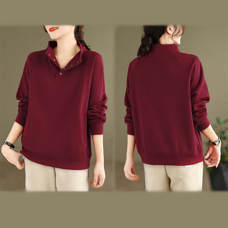 Nimara Ritual Fall Solid Stand Collar Buttons Design Long Sleeve Women's Cotton Sweatshirt