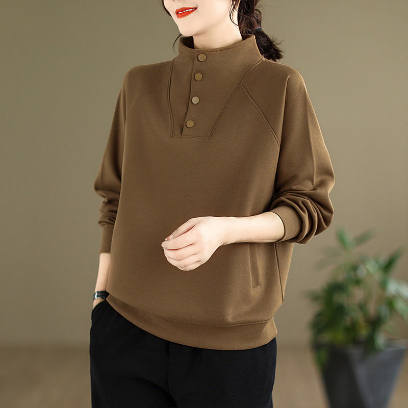 Nimara Ritual Fall Solid Stand Collar Buttons Design Long Sleeve Women's Cotton Sweatshirt