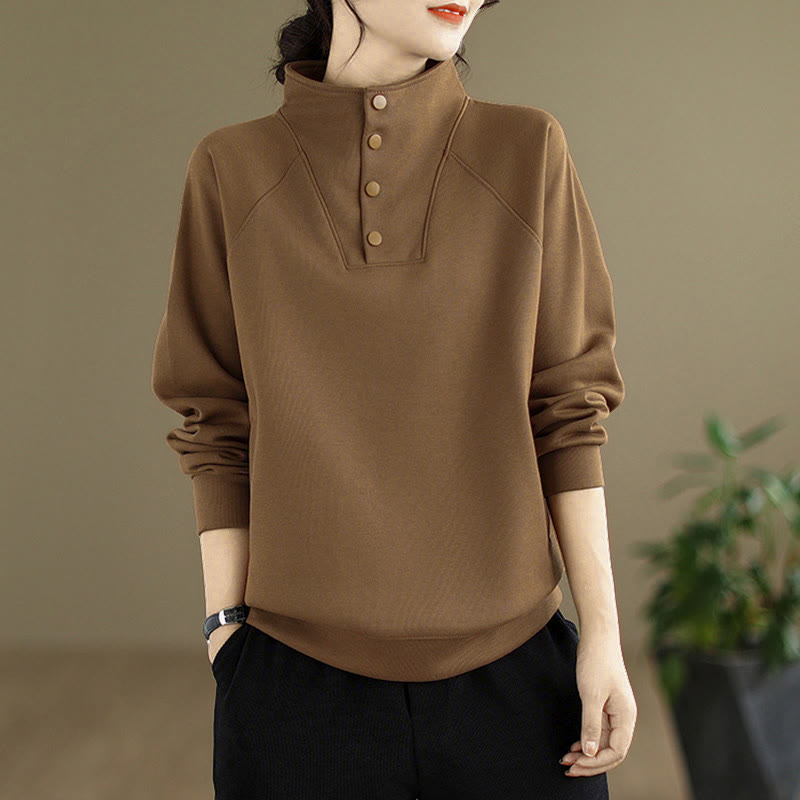 Nimara Ritual Fall Solid Stand Collar Buttons Design Long Sleeve Women's Cotton Sweatshirt