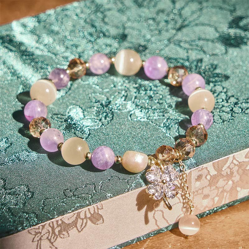 Nimara Ritual Four Leaf Clover Amethyst Citrine Green Strawberry Quartz Rutilated Quartz Balance Bracelet