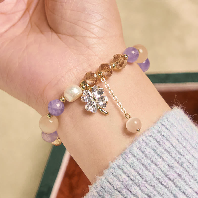 Nimara Ritual Four Leaf Clover Amethyst Citrine Green Strawberry Quartz Rutilated Quartz Balance Bracelet