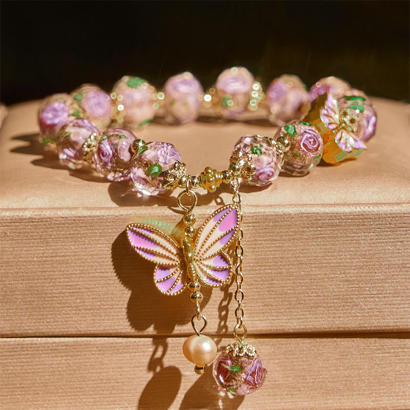 Nimara Ritual Double Butterflies Charm Flower Liuli Glass Beaded Love Bracelet