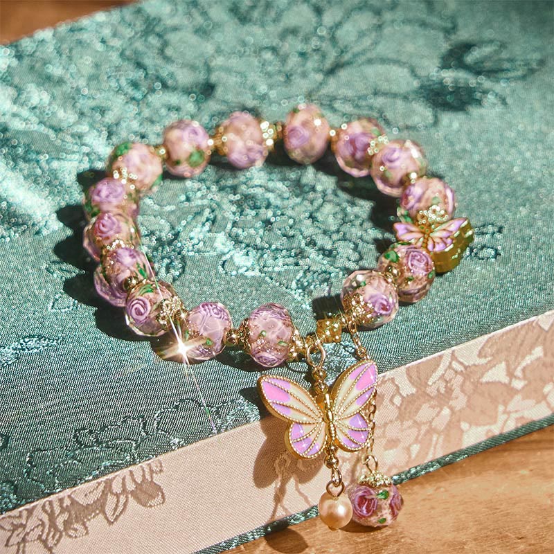 Nimara Ritual Double Butterflies Charm Flower Liuli Glass Beaded Love Bracelet