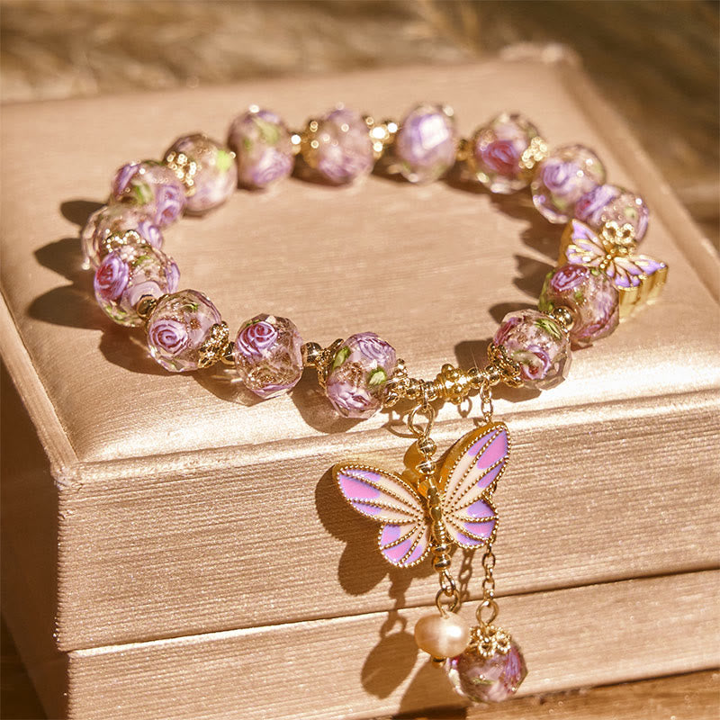 Nimara Ritual Double Butterflies Charm Flower Liuli Glass Beaded Love Bracelet