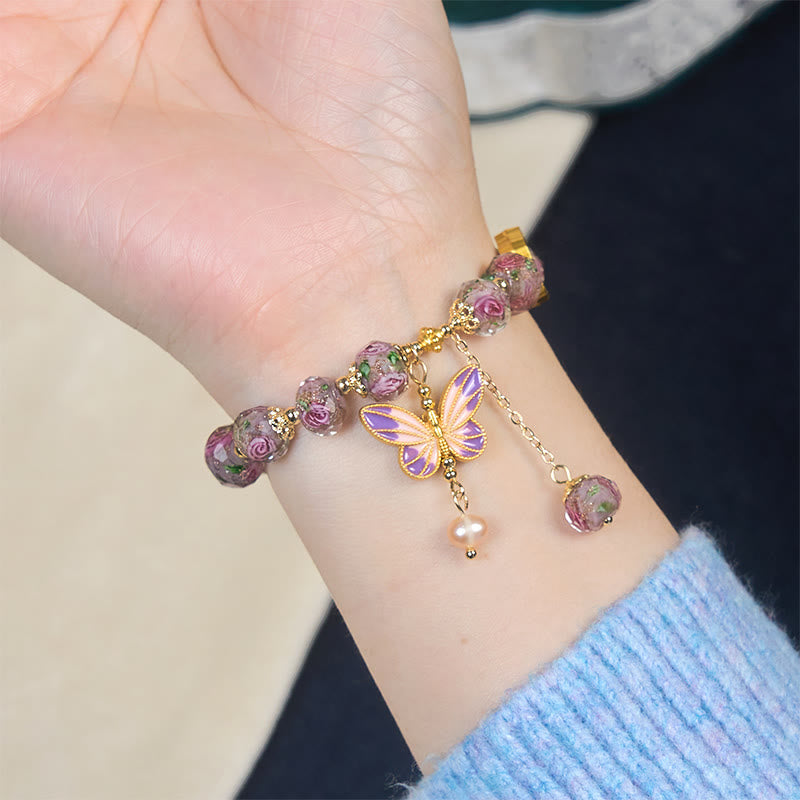 Nimara Ritual Double Butterflies Charm Flower Liuli Glass Beaded Love Bracelet