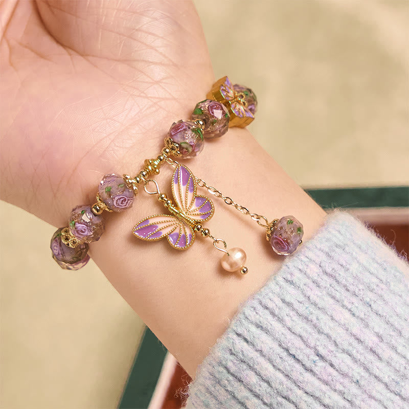 Nimara Ritual Double Butterflies Charm Flower Liuli Glass Beaded Love Bracelet