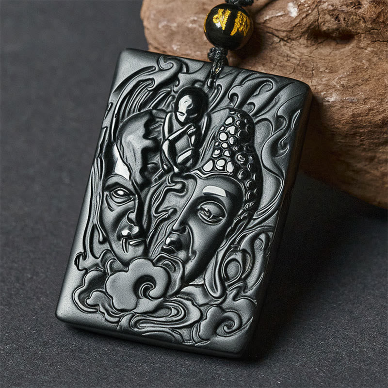 Nimara Ritual Half Demon Half Buddha Relief Design Black Obsidian Strength Necklace Pendant