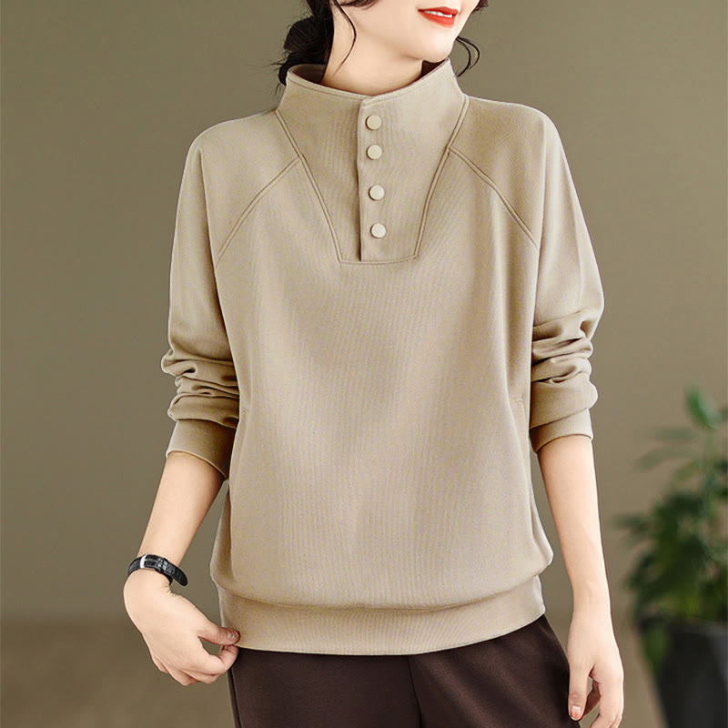 Nimara Ritual Fall Solid Stand Collar Buttons Design Long Sleeve Women's Cotton Sweatshirt