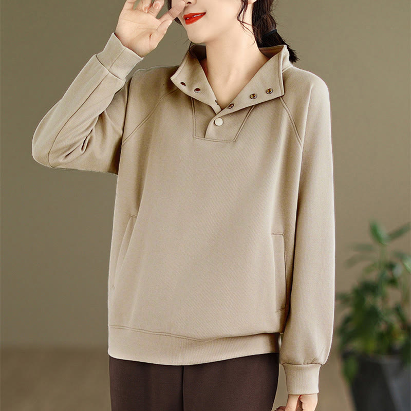 Nimara Ritual Fall Solid Stand Collar Buttons Design Long Sleeve Women's Cotton Sweatshirt