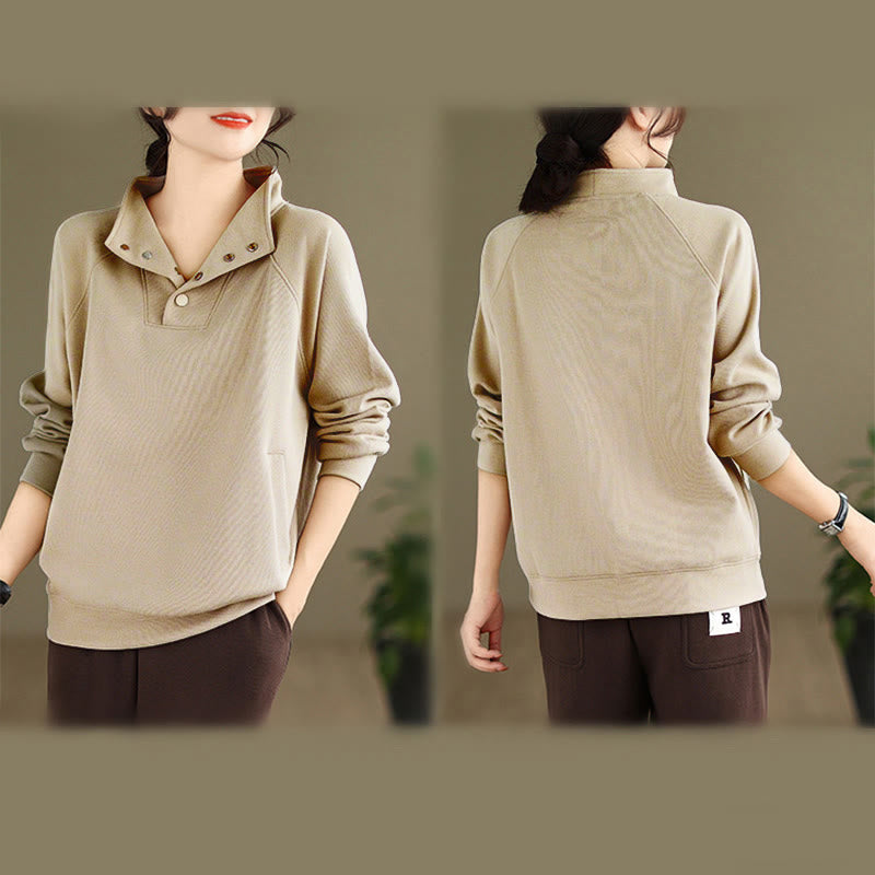 Nimara Ritual Fall Solid Stand Collar Buttons Design Long Sleeve Women's Cotton Sweatshirt