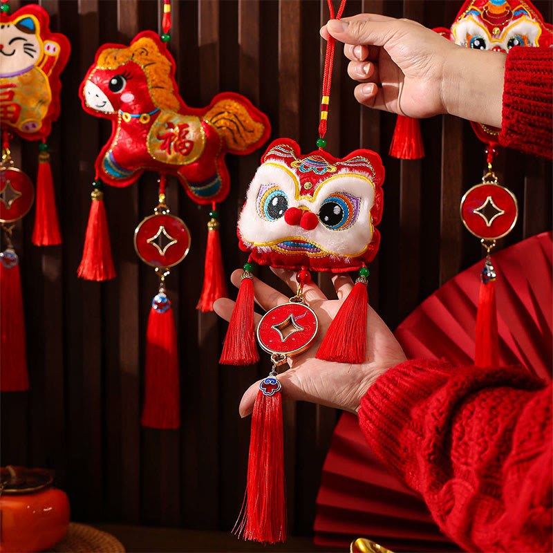 Nimara Ritual Embroidery Year Of The Horse Fu Character Copper Coin Shape Red String Hanging Decoration