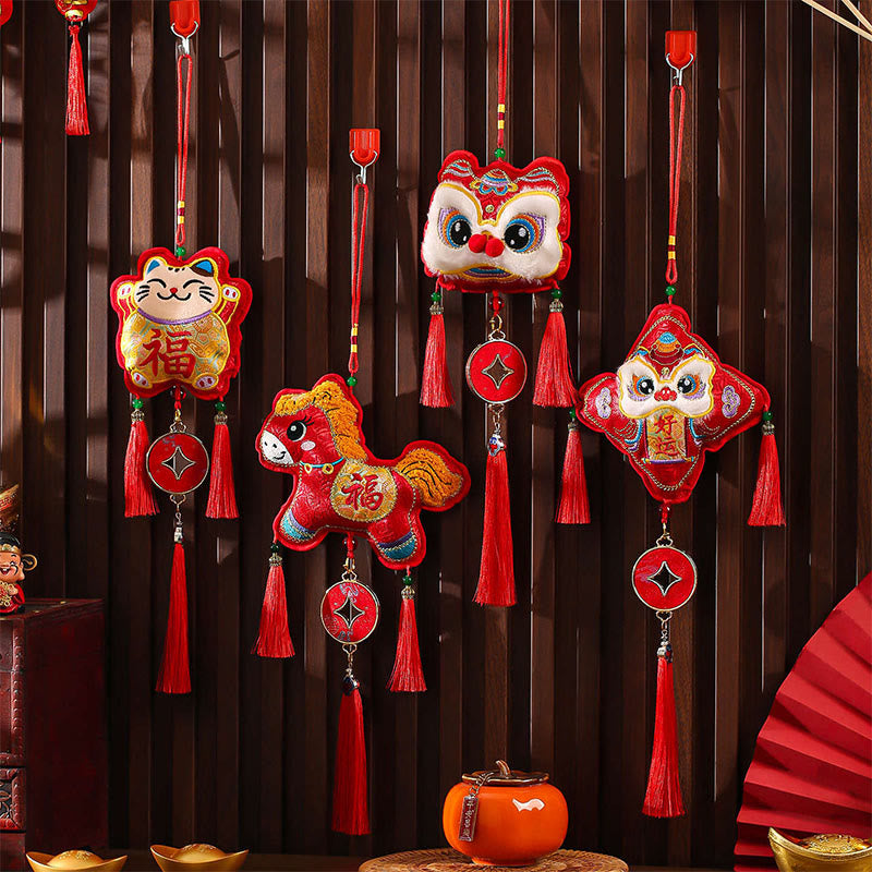Nimara Ritual Embroidery Year Of The Horse Fu Character Copper Coin Shape Red String Hanging Decoration