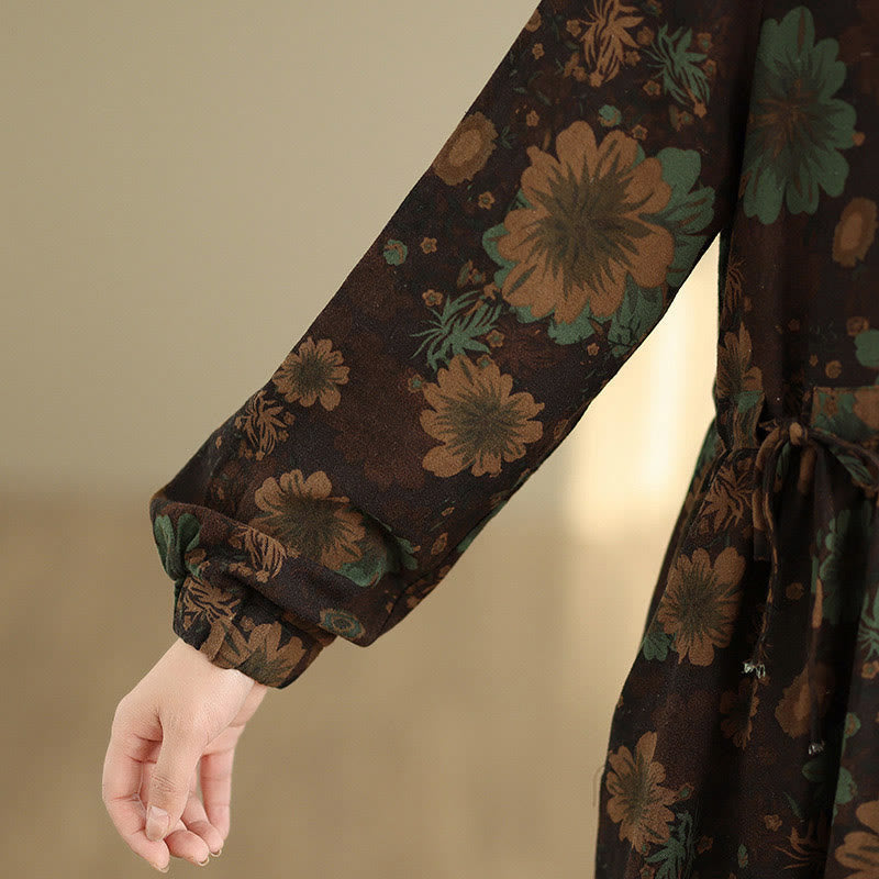 Nimara Ritual Flower Pattern Long Sleeve Cotton Midi Dress With Pockets