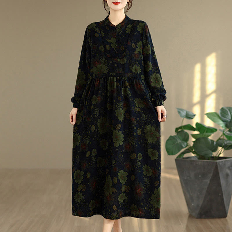 Nimara Ritual Flower Pattern Long Sleeve Cotton Midi Dress With Pockets